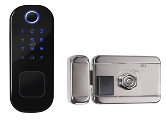 Tuya WiFi Smart Outdoor Rim Lock R5, Bluetooth Fingerprint, Passcode, App Control, Mechanical Key, Durable Aluminum, Black, Emergency Backup Key